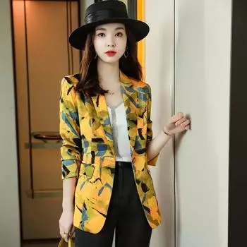 Женская весенняя повседневная куртка-блейзер с принтом, приталенная куртка средней длины с длинным рукавом 2XL