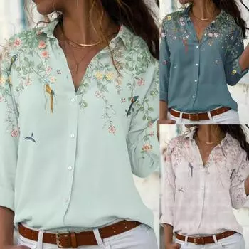 Женская весенняя повседневная рубашка с длинным рукавом и принтом, свободные винтажные блузки, женские топы, модные офисные женские рубашки на пуговицах XXXXXL синий