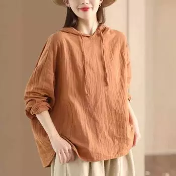 Женская весенняя повседневная рубашка с капюшоном с длинным рукавом, однотонный пуловер, удобный топ One Size чёрный