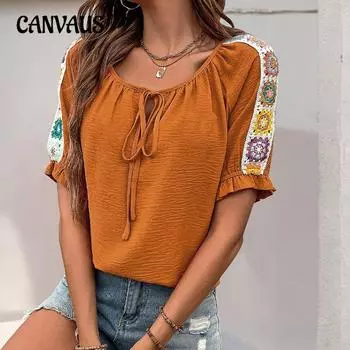 Женская весенняя повседневная рубашка с ленточными вставками, модная рубашка-пуловер со шнуровкой S оранжевый