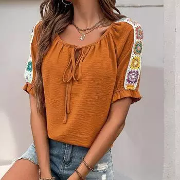 Женская весенняя повседневная рубашка с ленточными вставками, модная рубашка-пуловер со шнуровкой S оранжевый