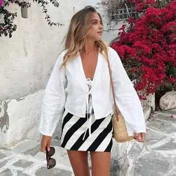 Женская весенняя повседневная рубашка с v-образным вырезом 45355, топ с рукавами и завязкой спереди, однотонный свободный крой S белый