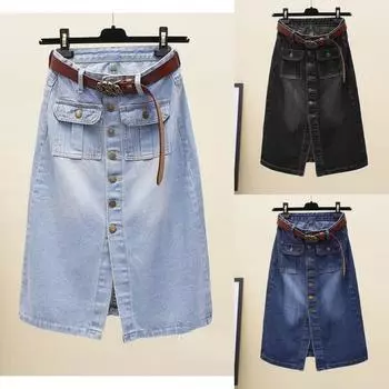 Женская весенняя ретро-юбка на одной пуговице с высокой талией, узкая джинсовая юбка средней длины, юбка-трапеция с разрезом на бедрах XXXXL чёрный