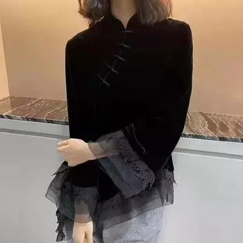 Женская весенняя рубашка-чеонгсам в стиле ретро с воротником-стойкой и нестандартными китайскими пуговицами 4XL чёрный