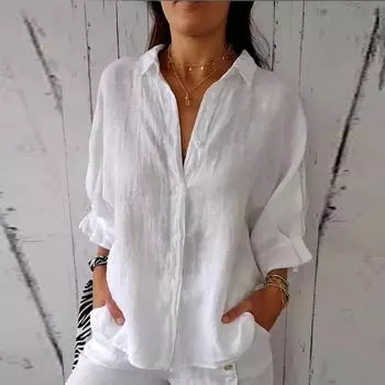 Женская весенняя рубашка из хлопка и льна с завязками на спине, однобортная рубашка с воротником-поло, женские свободные повседневные блузки для ежедневных поездок на работу S белый