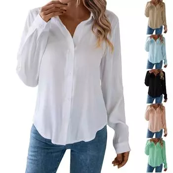 Женская весенняя рубашка на пуговицах с длинным рукавом и V-образным вырезом, рабочая рубашка, нарядная элегантная свободная рубашка, женский пуловер, рубашка с V-образным вырезом, нижняя рубашка L чёрный