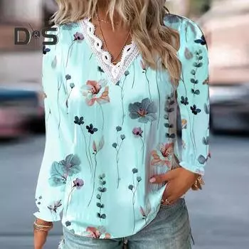 Женская весенняя рубашка с цветочным принтом, длинным рукавом, кружевом, V-образным вырезом, в стиле пэчворк, свободная, мягкая, дышащая, повседневная, средней длины, повседневная женская футболка, блузка L слоновая кость