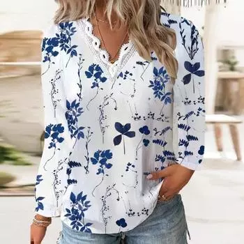 Женская весенняя рубашка с цветочным принтом и длинным рукавом, кружевная V-образным вырезом, лоскутная свободная мягкая дышащая повседневная женская футболка средней длины, блузка 2XL