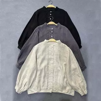 Женская весенняя рубашка с длинными рукавами Johnature, универсальные топы с воротником-стойкой и японской литературой One Size серый