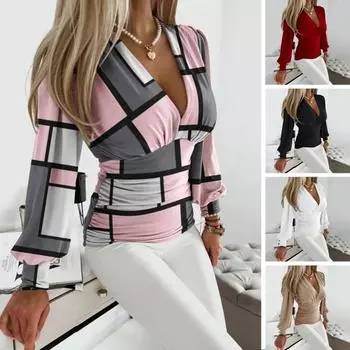 Женская весенняя рубашка с глубоким v-образным вырезом, плиссированная полосатая рубашка с длинным рукавом, однотонный облегающий топ с рукавами-фонариками, OL L