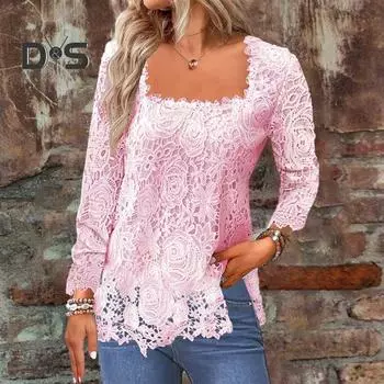 Женская весенняя рубашка с квадратным вырезом, ажурным кружевом, длинным рукавом, однотонная мягкая свободная дышащая футболка для женщин 2XL синий