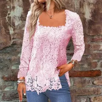 Женская весенняя рубашка с квадратным вырезом, кружевная однотонная рубашка с длинными рукавами, мягкий свободный дышащий пуловер, женская футболка 2XL синий