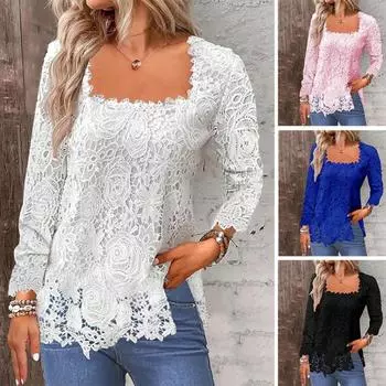 Женская весенняя рубашка с квадратным вырезом, кружевная однотонная рубашка с длинными рукавами, мягкий свободный дышащий пуловер, женская футболка 2XL синий
