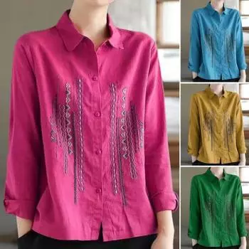 Женская весенняя рубашка с лацканами и длинным рукавом, свободная рубашка, топы, однобортная рубашка с вышивкой, уличная одежда 4XL розы красного