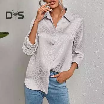 Женская весенняя рубашка с леопардовым принтом, длинными рукавами, отворотами, свободная, гладкая, с аппликацией, однобортный кардиган, деловой стиль, блузка для поездок на работу M зелёный