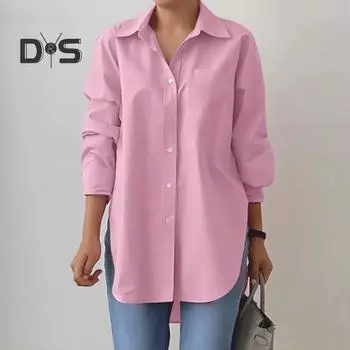 Женская весенняя рубашка с отложным воротником, длинным рукавом, однобортная, однотонная, неровный подол, повседневная, средней длины, блузка для поездок на работу 3XL белый