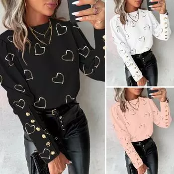 Женская весенняя рубашка с принтом сердца, круглым вырезом и длинным рукавом, свободная пуговица, декор, мягкая дышащая женская блузка в стиле OL XL белый