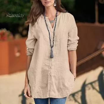 Женская весенняя рубашка с v-образным вырезом и длинным рукавом, однобортная рубашка, топы, свободная посадка, повседневная рубашка с пуговицами и планкой средней длины XL хаки