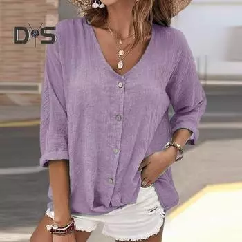Женская весенняя рубашка с V-образным вырезом на пуговицах, однобортная, с длинным рукавом, однотонная, мягкая, дышащая, женская, винтажная, свободная, средней длины, топ XL синий