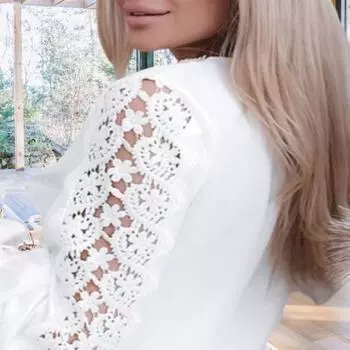 Женская весенняя рубашка с v-образным вырезом, ажурное кружево в стиле пэчворк, застежка на полупуговицы, однотонный свободный мягкий топ с длинными рукавами S белый