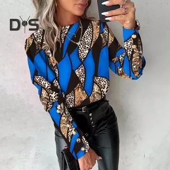 Женская весенняя рубашка соответствующего цвета с принтом и круглым вырезом с длинным рукавом и пуговицами, мягкая дышащая элегантная блузка для поездок на работу S синий