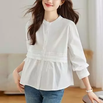 Женская весенняя рубашка в полоску с круглым воротником и длинными рукавами, однорядный топ с несколькими пуговицами 3XL белый