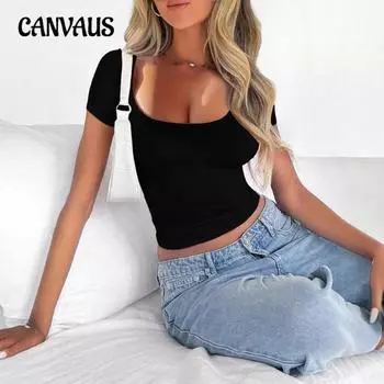 Женская весенняя сексуальная пряная футболка с коротким рукавом, модная новая квадратная горловина, тонкая, с вырезом-декольте, короткие топы XS чёрный