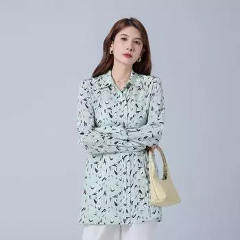 Женская весенняя шелковая рубашка Mulberry - новый принтованный длинный рукав, свободный крой, повседневный топ Medium