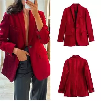 Женская весенняя шикарная куртка, пальто, красный отложной воротник, длинные рукава, карманы, декорированные одной пуговицей, женские модные блейзеры XS красный