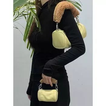 Женская весенняя сумка-цилиндр из овчины с цепочкой через плечо Small 11cm*6cm*6cm