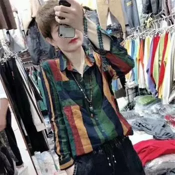 Женская весенняя свободная полосатая рубашка с длинным рукавом, удобная хлопковая льняная блузка на пуговицах 3XL синий