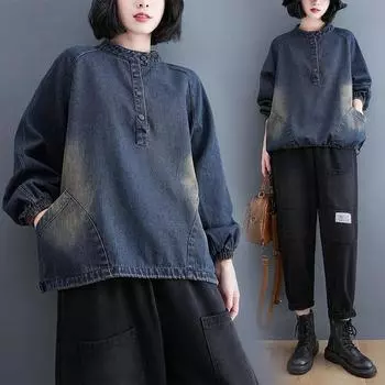 Женская весенняя свободная толстовка из денима в стиле ретро с литературным принтом, темперамент, повседневные топы с завязками на подоле 2XL