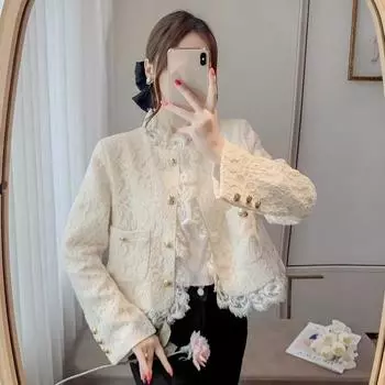 Женская весенняя темпераментная элегантная куртка с длинным рукавом и коротким кружевным краем 3XL