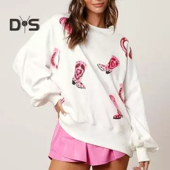 Женская весенняя толстовка с длинным рукавом и пайетками, сапоги с узором в стиле пэчворк, одинаковые по цвету, свободные, с круглым вырезом, женские повседневные топы на день Святого Валентина S розовый