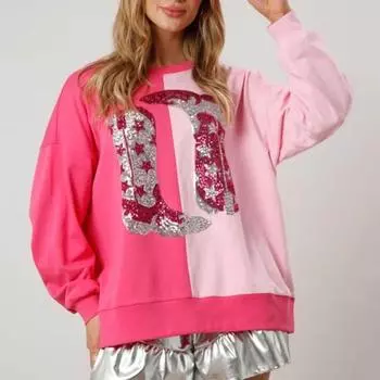 Женская весенняя толстовка с длинным рукавом и пайетками, сапоги с узором в стиле пэчворк, одинаковые по цвету, свободные, с круглым вырезом, женские повседневные топы на день Святого Валентина S розовый