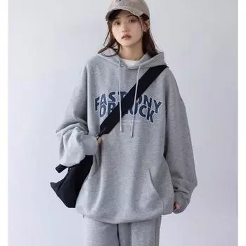 Женская весенняя толстовка с капюшоном, осенняя свободная толстовка с буквенным принтом, винтажная серая повседневная уличная одежда с длинными рукавами M чёрный