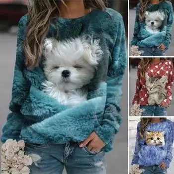 Женская весенняя толстовка с принтом котенка, пуловер с круглым вырезом и длинными рукавами, свободный теплый дышащий принт с сердечками, женский весенний топ, женская одежда XL озеро синий