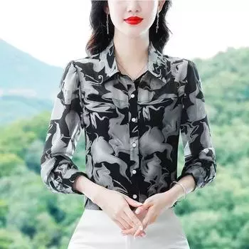 Женская весенняя тонкая рубашка с длинным рукавом и лацканами, элегантные топы для среднего возраста 5XL