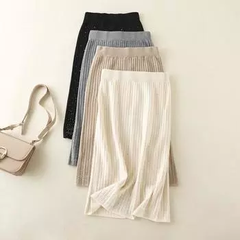 Женская весенняя трикотажная юбка-миди со стразами, однотонная, средней длины, с высокой талией, черный, серый абрикос, один размер One Size чёрный