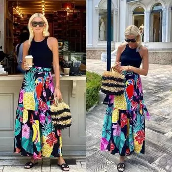 Женская весенняя юбка с высокой талией для пляжного отдыха в стиле бохо с принтом и большим подолом S