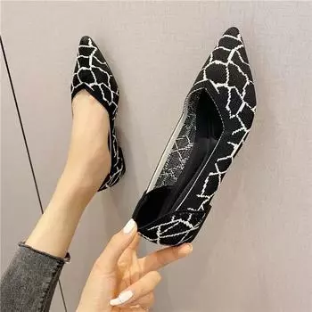 Женская весна 2025 года, новые туфли на плоской подошве, модные осенние женские вязаные остроносые удобные туфли на резиновой подошве, фирменная обувь Zapatos Mujer 34 чёрный