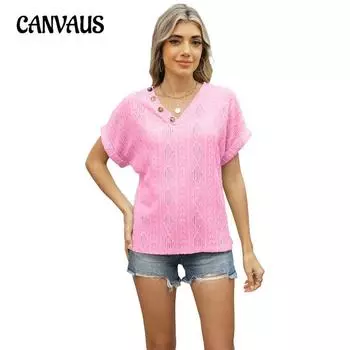 Женская весна и лето, новая футболка с короткими рукавами и жаккардовыми пуговицами, V-образным вырезом, свободные топы с вырезом S белый
