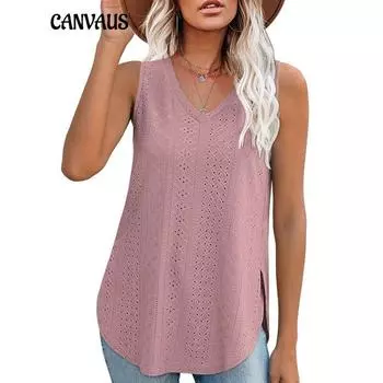 Женская весна и лето новая футболка с V-образным вырезом без рукавов ажурная жаккардовая блузка повседневный жилет женский S розовый