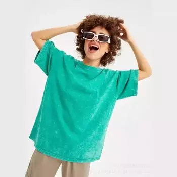 Женская весна и лето, новая однотонная футболка, выстиранная, старая, батик, топы из хлопка с короткими рукавами M слоновая кость