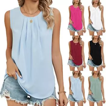 Женская весна и лето новая однотонная шифоновая рубашка, свободный круглый вырез, пуловер, жилет, топы S чёрный