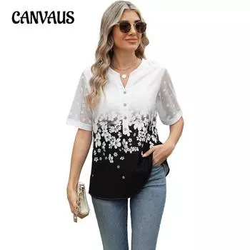Женская весна и лето новая шифоновая рубашка с V-образным вырезом и принтом, блузка с кружевными рукавами S синий