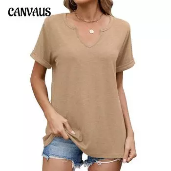 Женская весна и лето, новые однотонные свободные футболки с V-образным вырезом и короткими рукавами S чёрный