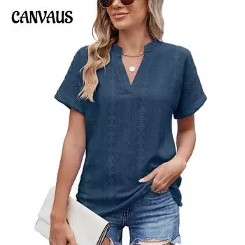 Женская весна и лето, новые жаккардовые свободные футболки с V-образным вырезом и короткими рукавами S чёрный