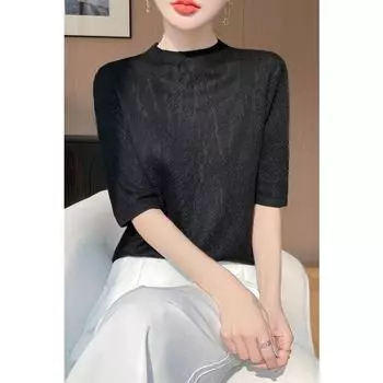 Женская весна и лето, новый круглый вырез, премиум-дизайн, Sense, тонкий трикотажный топ с коротким рукавом, трикотажная рубашка M чёрный