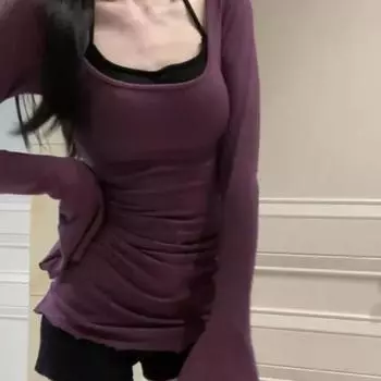 Женская весна и осень 2024 года, новинка, сращивание, нерегулярная мода, однотонная, приталенная, минималистичная, повседневная, с длинными рукавами, футболка, топ S фиолетовый